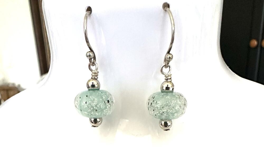 Silver 925 Shimmery Sea Green Lamp Work Glass Bead Dangle Ornament Earrings